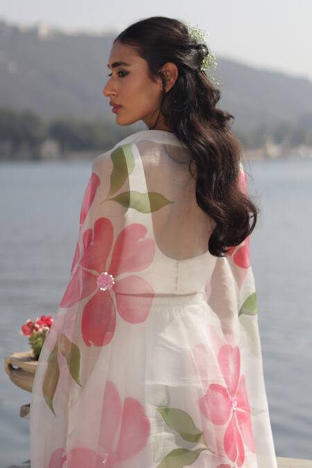 Buy_Meghstudio_White Organza Embroidery, Sequins Round Neck Hand Painted And Lehenga Set _Online_at_Aza_Fashions