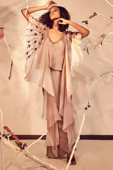 Babita Malkani_Brown Silk, Organza V-neck Cape And Flared Pant Set _Online_at_Aza_Fashions