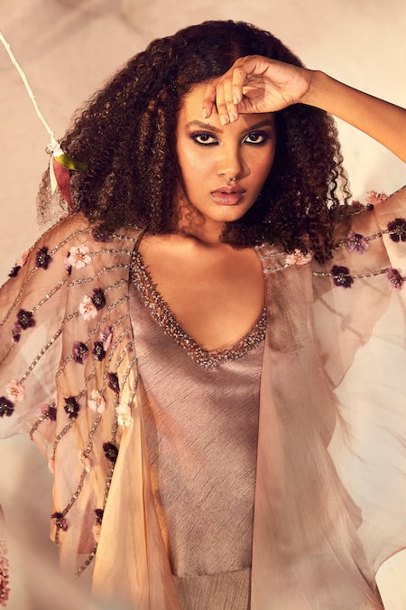 Buy_Babita Malkani_Brown Silk, Organza V-neck Cape And Flared Pant Set _Online_at_Aza_Fashions