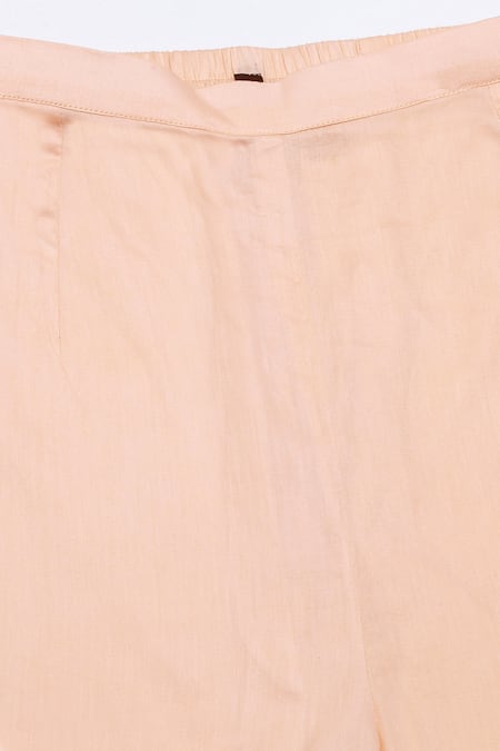 Buy_Ikha Couture_Peach Linen, Cotton Lace V-neck Floral Resham Embroidered Kurta Set 