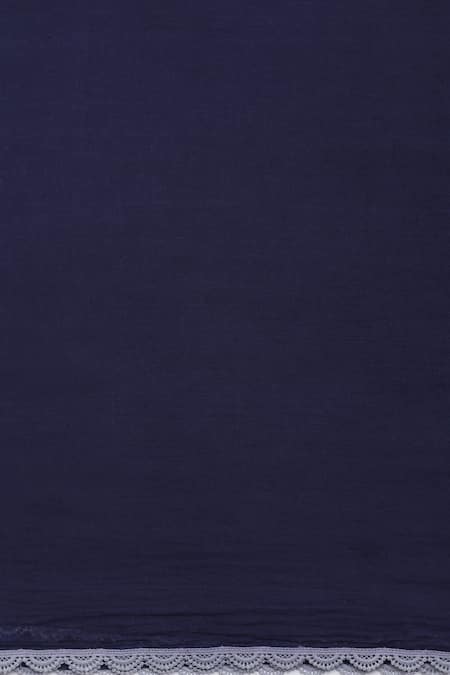 Ikha Couture_Blue Linen, Cotton, Maheshwari Embroidery Round Neck Floral Resham Kurta Set_at_Aza_Fashions