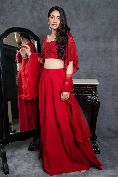 Sunita Bhandari_Red Viscose, Georgette Cut Work, Sequins Square Embroidered Blouse Sharara Set _Online_at_Aza_Fashions