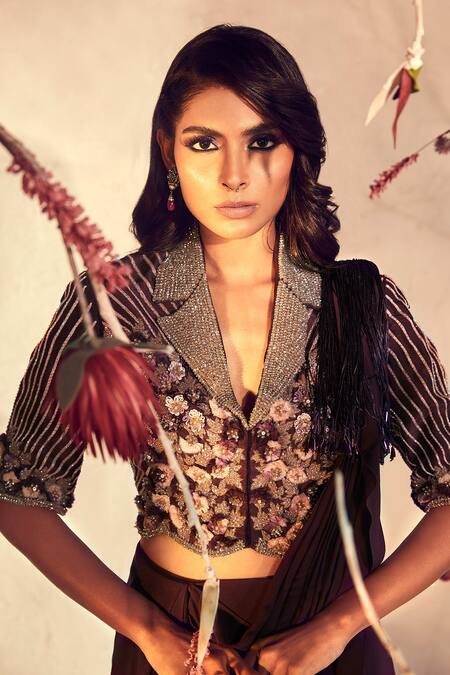 Babita Malkani_Wine , Organza Embroidery Collared Pre-draped Saree With Blouse _Online_at_Aza_Fashions