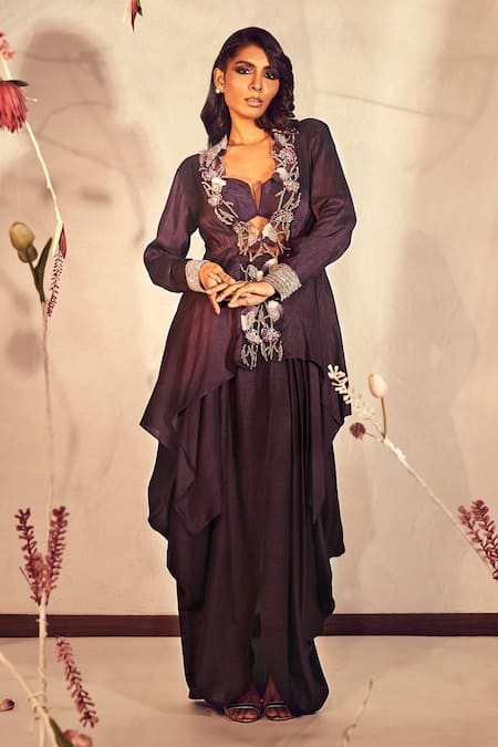 Shop_Babita Malkani_Wine Silk, Tulle Embroidery V-neck Jacket And Dhoti Skirt Set _Online_at_Aza_Fashions