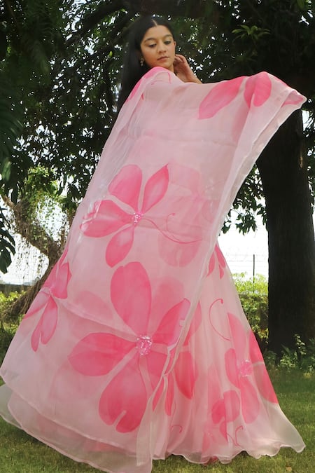 Meghstudio_Pink Organza Sequins Round Neck Hand Painted Hibiscus Lehenga Set _Online_at_Aza_Fashions