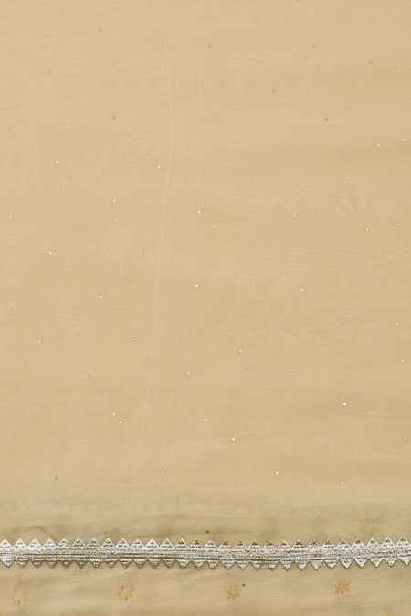 Two Sisters By Gyans_Beige Cotton, Chanderi Embroidery V-neck Kurta Set _at_Aza_Fashions