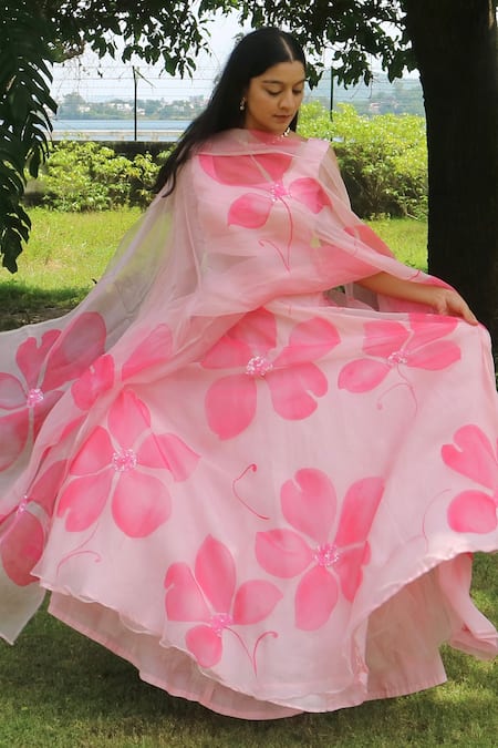 Buy_Meghstudio_Pink Organza Sequins Round Neck Hand Painted Hibiscus Lehenga Set _Online_at_Aza_Fashions