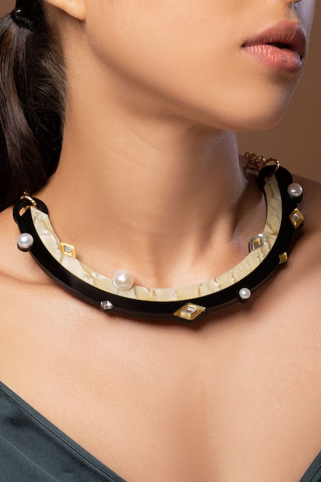 Prachi Gupta_Black Yin Yan Pearl Statement Necklace _Online_at_Aza_Fashions
