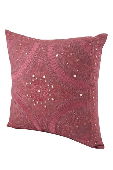 Buy Khaabka Red Cotton Linen Embroidery Resham Cushion Cover - Set Of 2 Buy_Khaabka_Red Cotton Linen Embroidery Resham Cushion Cover - Set Of 2