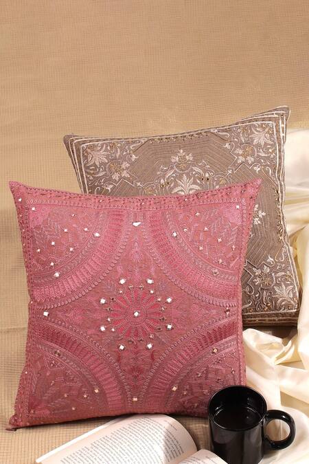 Shop Khaabka Red Cotton Linen Embroidery Resham Cushion Cover - Set Of 2 Shop_Khaabka_Red Cotton Linen Embroidery Resham Cushion Cover - Set Of 2