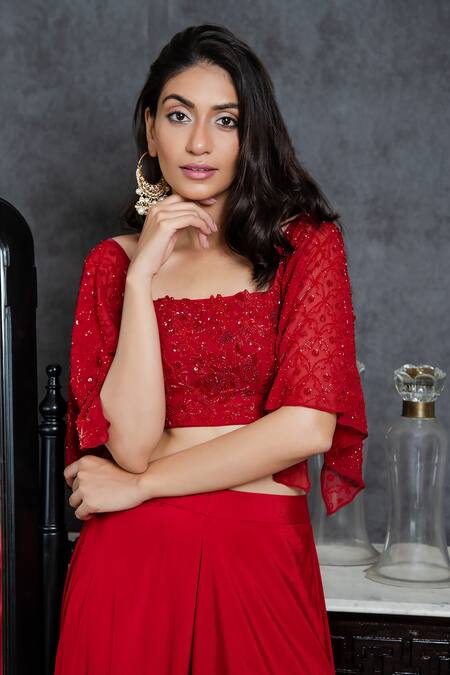 Buy_Sunita Bhandari_Red Viscose, Georgette Cut Work, Sequins Square Embroidered Blouse Sharara Set _Online_at_Aza_Fashions