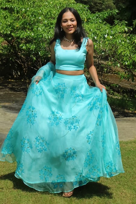 Shop_Meghstudio_Blue Pure Organza Hand Painted Hydrangea Flowers Round Lehenga Set  _Online_at_Aza_Fashions