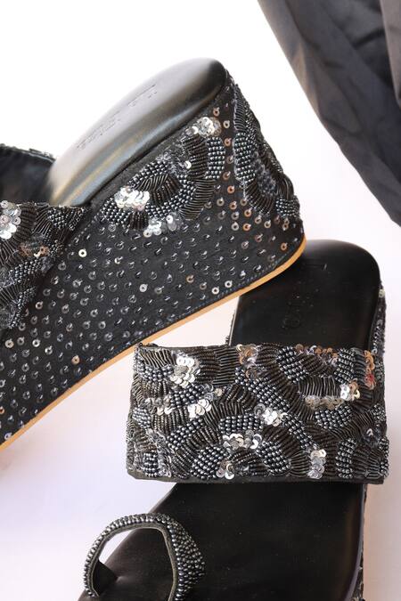 LA Fiza_Black Embroidery Aizah Bead Wedges_Online_at_Aza_Fashions