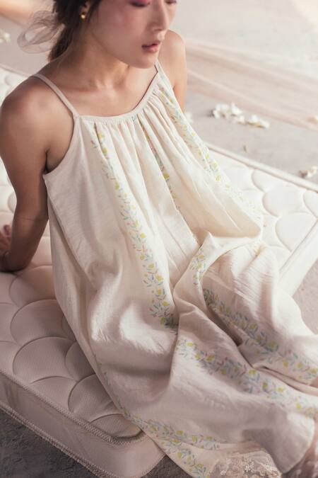 Itr By Khyati Pande_Off White Handloom Cotton, Silk Lace Square Neck Sweetpea Dress_Online_at_Aza_Fashions