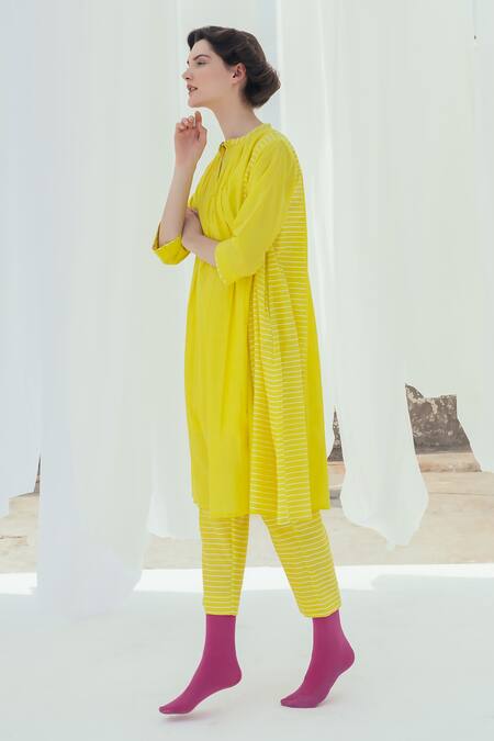 Itr By Khyati Pande_Yellow Handloom Cotton, Silk Melon Striped Print Pant_Online_at_Aza_Fashions