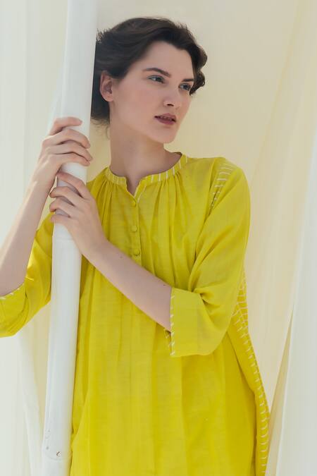 Itr By Khyati Pande_Yellow Handloom Cotton, Silk Round Neck Melon Screen Print Panelled Kurta_Online_at_Aza_Fashions