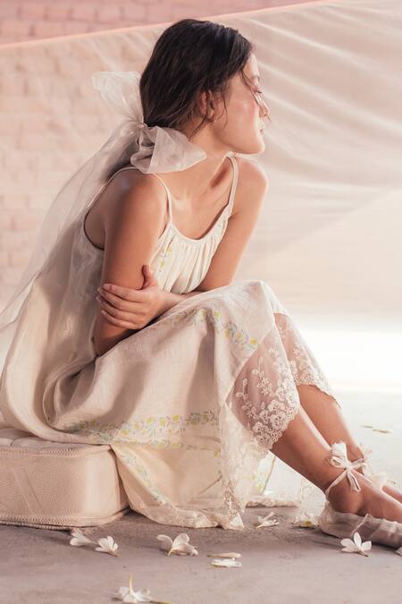 Shop_Itr By Khyati Pande_Off White Handloom Cotton, Silk Lace Square Neck Sweetpea Dress_Online_at_Aza_Fashions