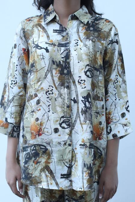Shop_Linen Bloom_Multi Color Linen Collared Splash Print Shirt _Online_at_Aza_Fashions