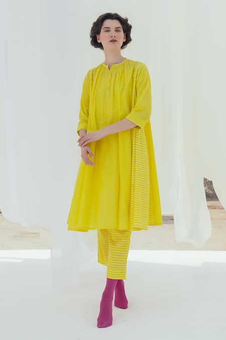 Shop_Itr By Khyati Pande_Yellow Handloom Cotton, Silk Round Neck Melon Screen Print Panelled Kurta_Online_at_Aza_Fashions