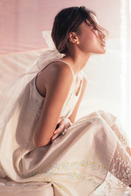 Itr By Khyati Pande_Off White Handloom Cotton, Silk Lace Square Neck Sweetpea Dress_at_Aza_Fashions