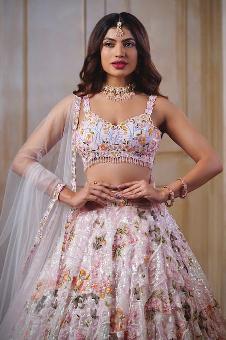 Label Priyanka Kar_Pink Net Embroidery V-neck Floral Bridal Lehenga Set _Online_at_Aza_Fashions