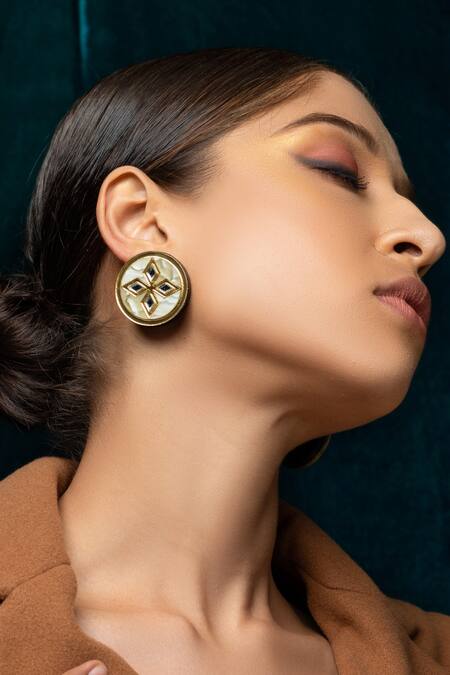 Prachi Gupta Beige Mother Of Pearl Opaline Geometric Pattern Stud Earrings