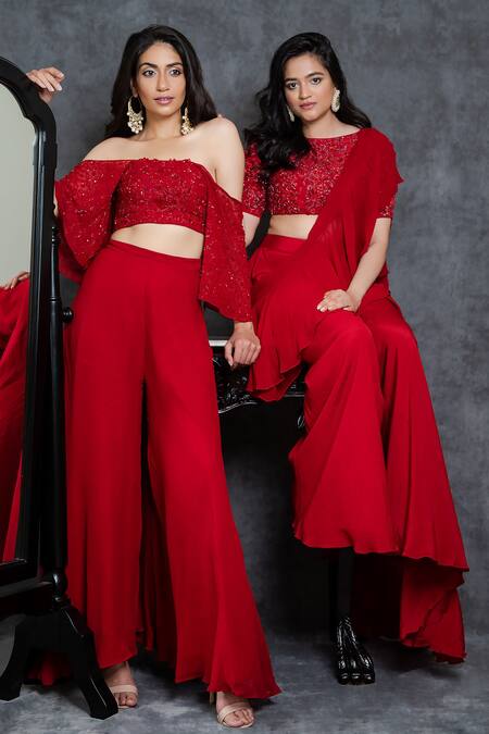 Shop_Sunita Bhandari_Red Viscose, Georgette Cut Work, Sequins Square Embroidered Blouse Sharara Set _Online_at_Aza_Fashions
