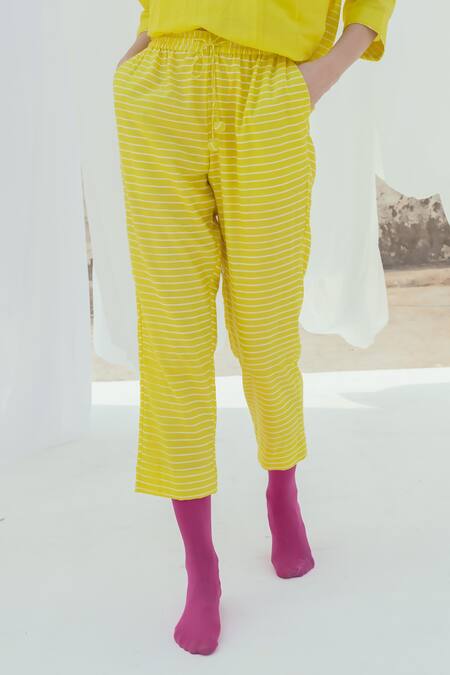 Buy_Itr By Khyati Pande_Yellow Handloom Cotton, Silk Melon Striped Print Pant_Online_at_Aza_Fashions
