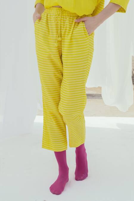 Shop_Itr By Khyati Pande_Yellow Handloom Cotton, Silk Melon Striped Print Pant_Online_at_Aza_Fashions