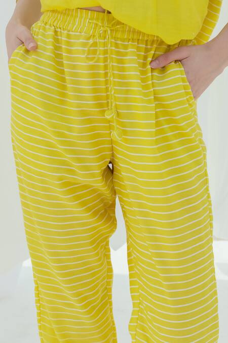 Itr By Khyati Pande_Yellow Handloom Cotton, Silk Melon Striped Print Pant_at_Aza_Fashions