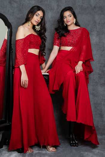 Buy Sunita Bhandari Red Viscose, Georgette Sequins, Beads, Cut Work Embroidered Blouse Sharara Set Online at Aza Fashions Buy_Sunita Bhandari_Red Viscose, Georgette Sequins, Beads, Cut Work Embroidered Blouse Sharara Set _Online_at_Aza_Fashions