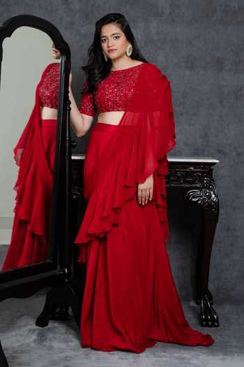 Shop Sunita Bhandari Red Viscose, Georgette Sequins, Beads, Cut Work Embroidered Blouse Sharara Set Online at Aza Fashions Shop_Sunita Bhandari_Red Viscose, Georgette Sequins, Beads, Cut Work Embroidered Blouse Sharara Set _Online_at_Aza_Fashions
