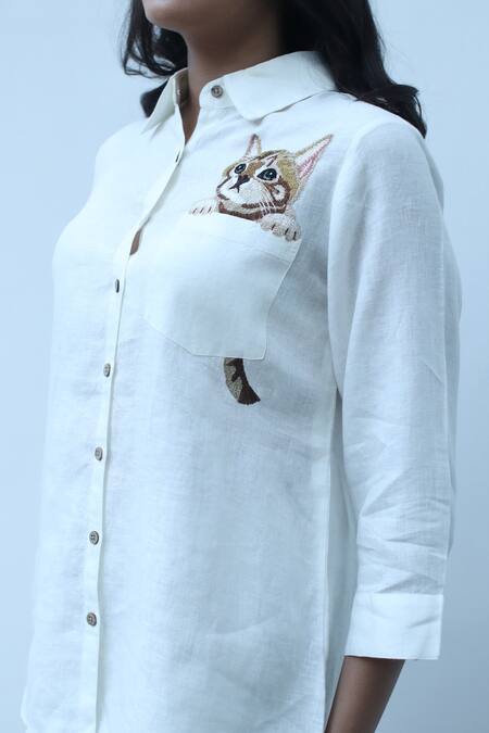Buy_Linen Bloom_White Linen Embroidery Collared Patch Pocket Kitten Shirt _Online_at_Aza_Fashions