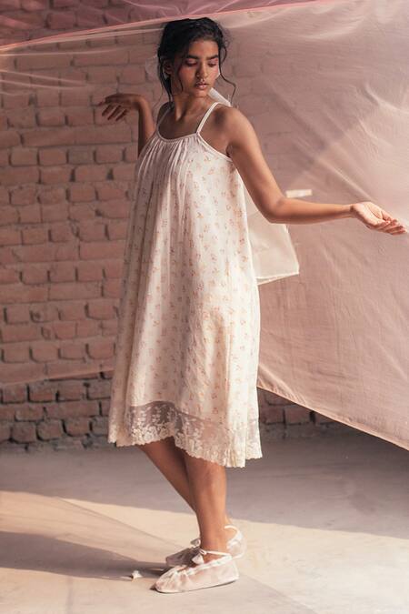 Itr By Khyati Pande_Off White Cotton Lace Square Neck Floral Handblock Print Strappy Dress_Online_at_Aza_Fashions