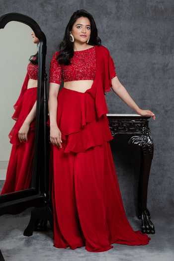 Sunita Bhandari Red Viscose, Georgette Sequins, Beads, Cut Work Embroidered Blouse Sharara Set at Aza Fashions Sunita Bhandari_Red Viscose, Georgette Sequins, Beads, Cut Work Embroidered Blouse Sharara Set _at_Aza_Fashions