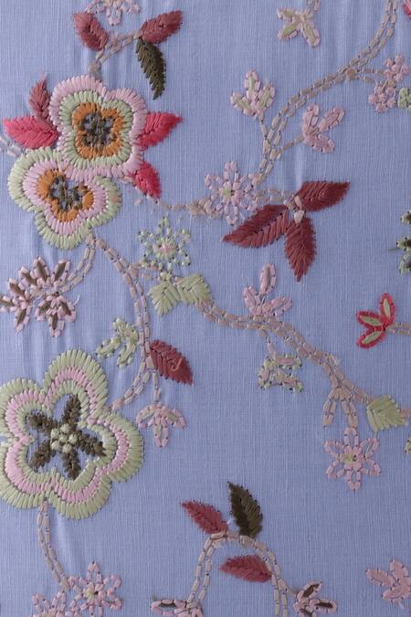 Khaabka_Sky Blue Cotton Linen Embroidery Floral Pattern Cushion Cover - Set Of 2_Online_at_Aza_Fashions