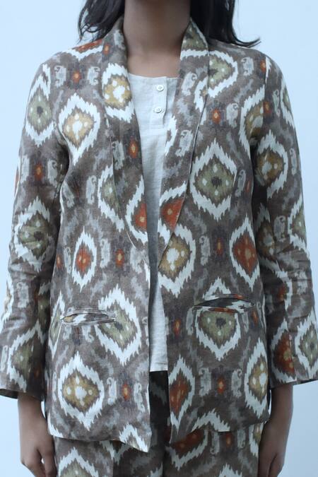 Shop_Linen Bloom_Grey Linen Jaipur Print Blazer _Online_at_Aza_Fashions