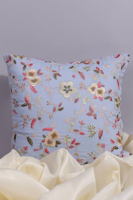 Buy_Khaabka_Sky Blue Cotton Linen Embroidery Floral Pattern Cushion Cover - Set Of 2