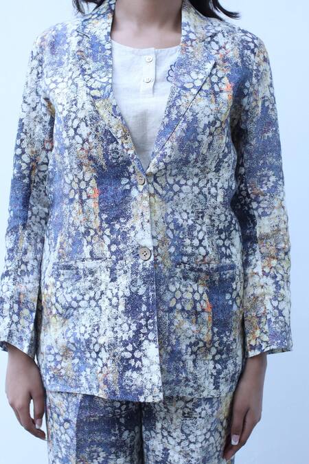 Shop_Linen Bloom_Blue Linen Digital Print Blazer _Online_at_Aza_Fashions