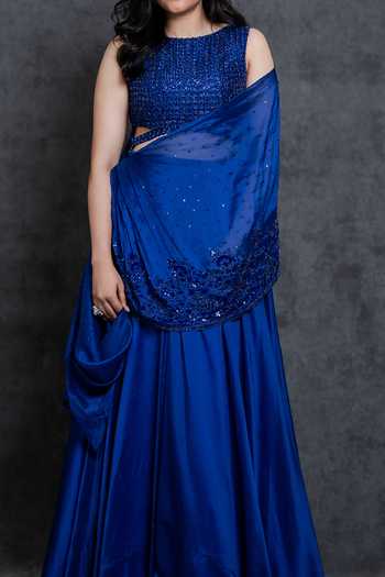 Shop Sunita Bhandari Blue Viscose, Organza Sequins, Beads Draped Lehenga And Embroidered Blouse Set Online at Aza Fashions Shop_Sunita Bhandari_Blue Viscose, Organza Sequins, Beads Draped Lehenga And Embroidered Blouse Set _Online_at_Aza_Fashions