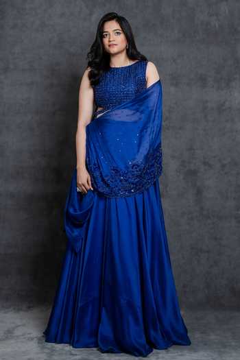 Sunita Bhandari Blue Viscose, Organza Sequins, Beads Draped Lehenga And Embroidered Blouse Set at Aza Fashions Sunita Bhandari_Blue Viscose, Organza Sequins, Beads Draped Lehenga And Embroidered Blouse Set _at_Aza_Fashions