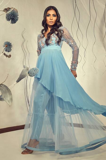 Buy_Babita Malkani_Blue Tulle, Satin, Silk Embroidery V-neck Flared Kurta And Cigarette Pant Set _Online_at_Aza_Fashions