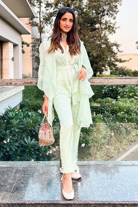 Shop_Garima Bindal_Green Silk, Modal Collared Solid Shirt Straight Pant Set _Online_at_Aza_Fashions