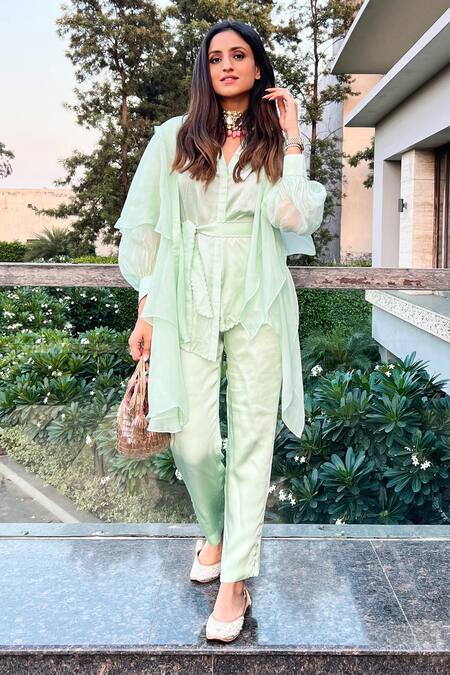 Garima Bindal_Green Silk, Modal Collared Solid Shirt Straight Pant Set _at_Aza_Fashions