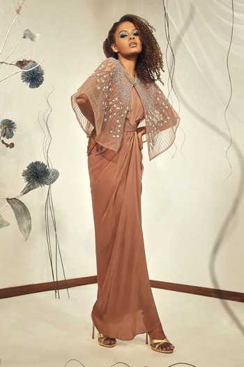 Babita Malkani_Brown Tulle, Crepe Sequins, Crystals, Embroidery Halter Neck Cape And Gown Set _Online_at_Aza_Fashions