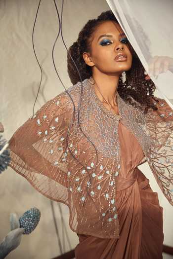 Buy_Babita Malkani_Brown Tulle, Crepe Sequins, Crystals, Embroidery Halter Neck Cape And Gown Set _Online_at_Aza_Fashions