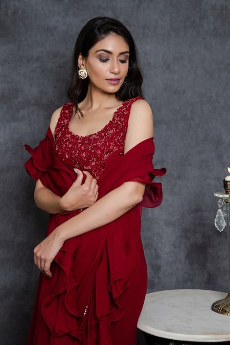 Buy Sunita Bhandari Maroon Viscose, Georgette Cut Ruffle Pre-draped Saree With Sleeveless Blouse Online at Aza Fashions Buy_Sunita Bhandari_Maroon Viscose, Georgette Cut Ruffle Pre-draped Saree With Sleeveless Blouse _Online_at_Aza_Fashions