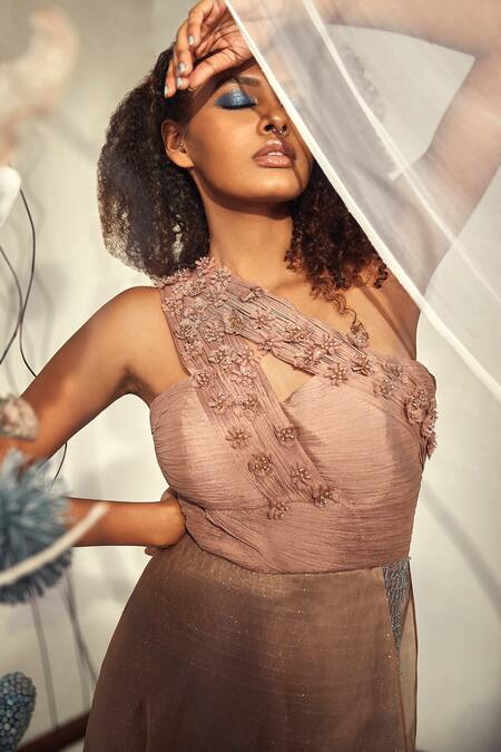 Buy_Babita Malkani_Brown Organza, Silk Crystals, Embroidery Asymmetric One Shoulder Gown _Online_at_Aza_Fashions