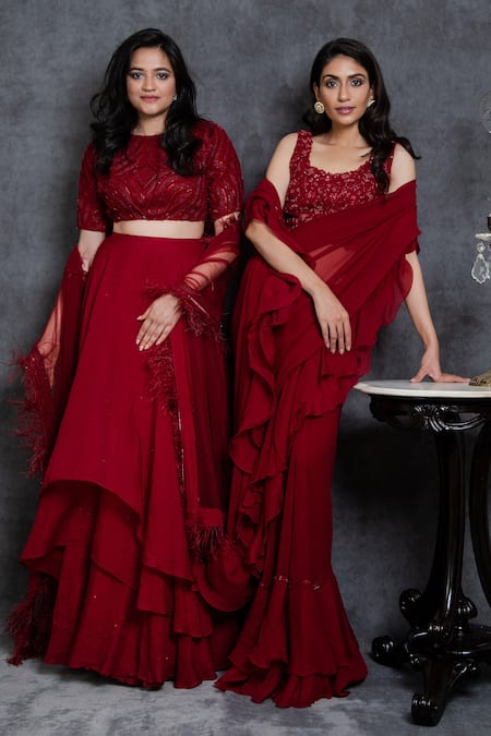 Shop Sunita Bhandari Maroon Viscose, Georgette Cut Ruffle Pre-draped Saree With Sleeveless Blouse Online at Aza Fashions Shop_Sunita Bhandari_Maroon Viscose, Georgette Cut Ruffle Pre-draped Saree With Sleeveless Blouse _Online_at_Aza_Fashions