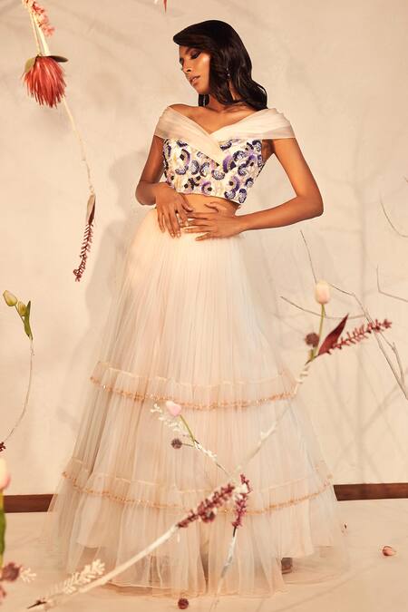 Babita Malkani_Ivory Organza, Tulle, Crepe Crystals, Sequins, Off Top And Tiered Lehenga Set _Online_at_Aza_Fashions